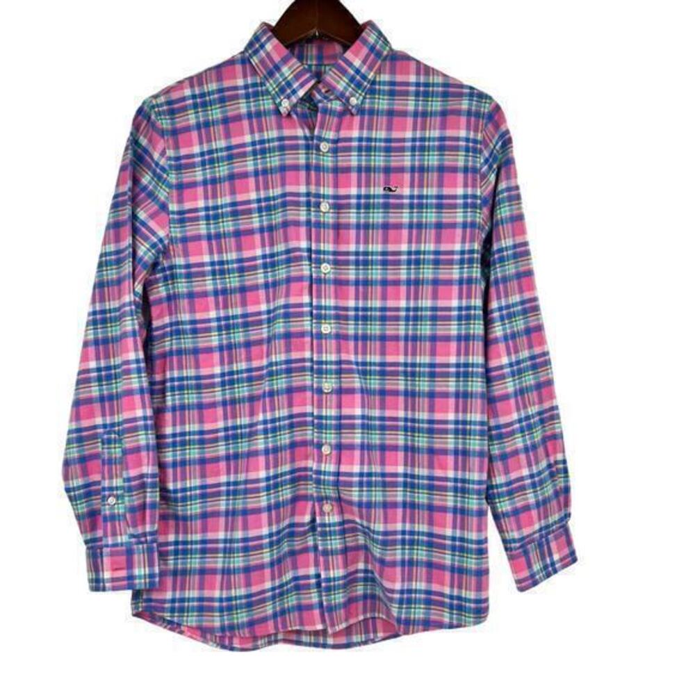 Vineyard Vines whale shirt pink blue multicolor button down shirt boy size large